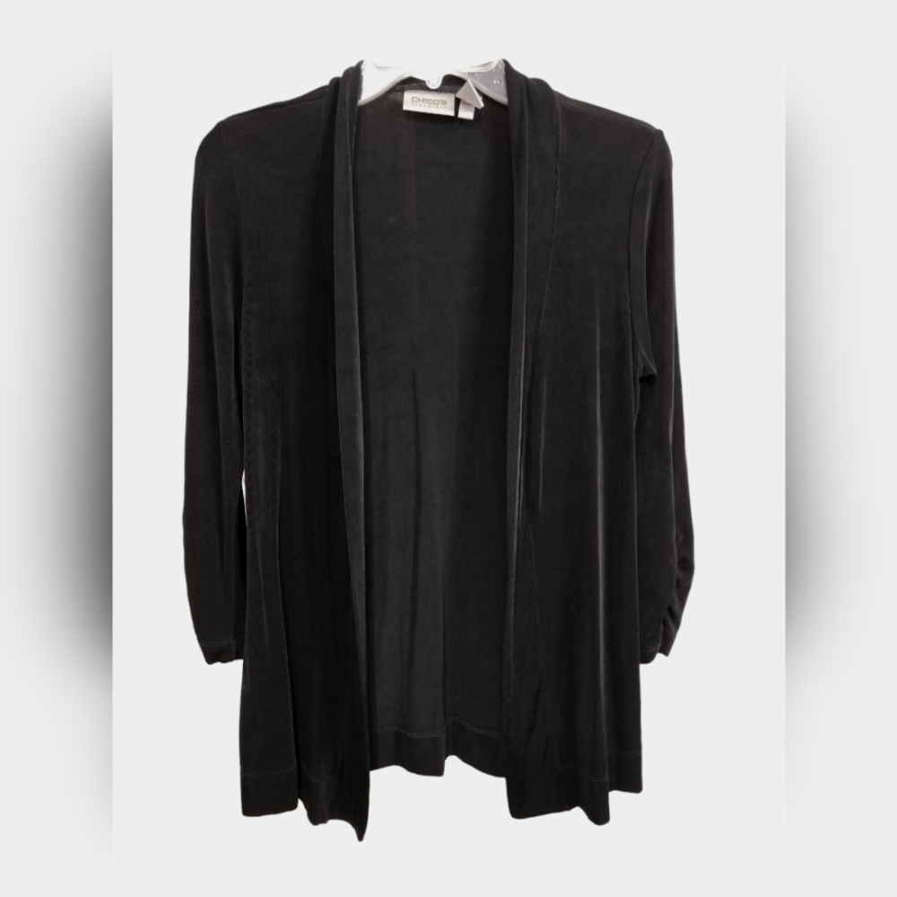 1934)Chico's Travelers Black 3/4 Sleeves Open Front Zipper Cuff Jacket Sz Small